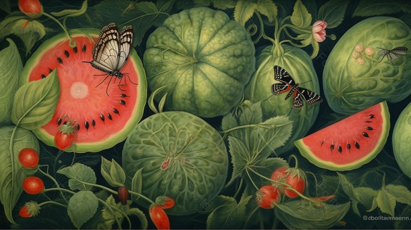 蝴蝶夏天夏至清凉水果西瓜切开花朵绽放自然昆虫植物插画,插画/手绘图,插画/手绘图库,插画/手绘图下载,插画/手绘